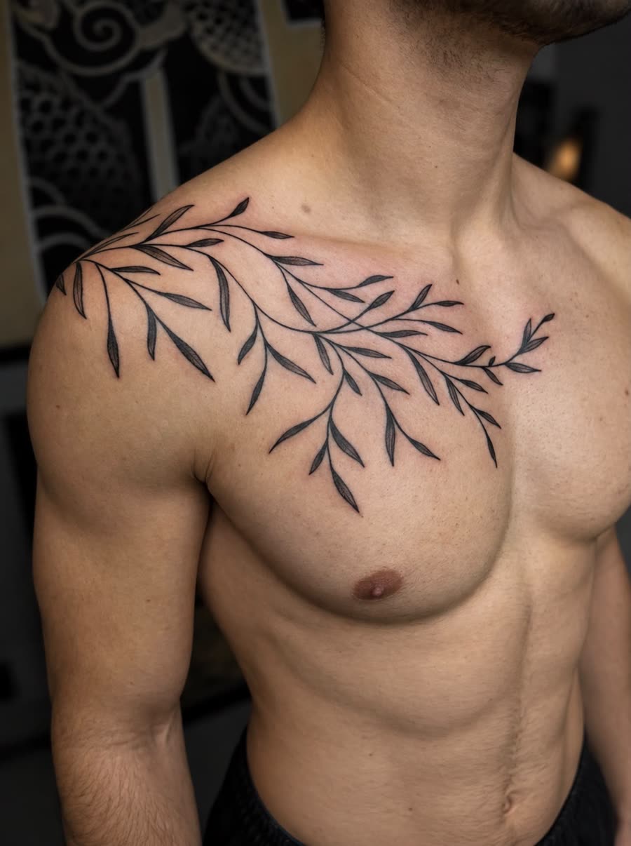 Feine Blätterranke über Schulter und Brust – Tattoo aus Bad Bramstedt