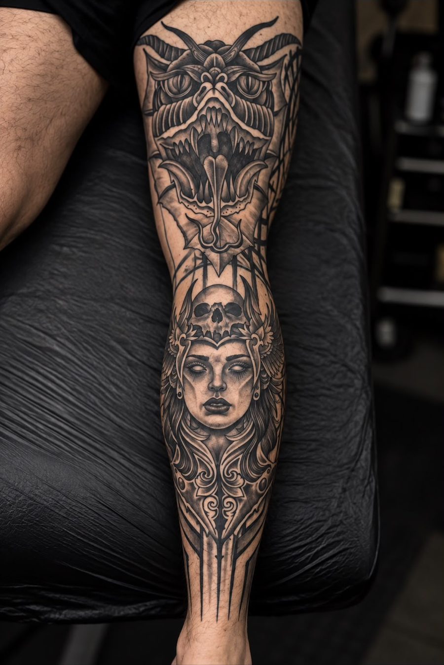 Bein-Sleeve mit Gesicht und Ornamenten – Tattoo aus Bad Bramstedt