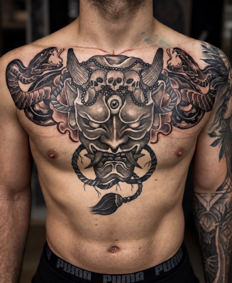 Brustpanzer mit Oni-Maske, Schädeln und Schlangen – Tattoo aus Bad Bramstedt