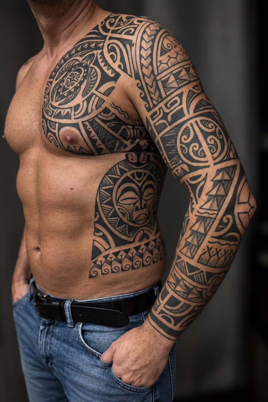 Polynesische Brust mit Sleeve – Tattoo aus Bad Bramstedt